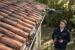 Technik SANOTECH při letecké kontrole střechy a okapu dronem